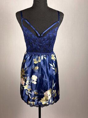 Navy Satin Floral Lace Babydoll • 1XL Plus Size Lingerie • Romantic Sleepwear